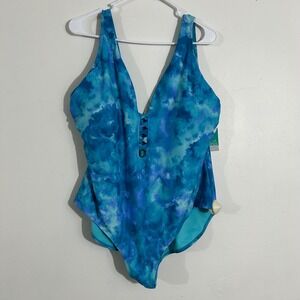 Outdoor Oasis 1X Swimsuit One Piece Beach Tie Dye Aqua Blue Women's NWT